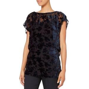 NILI LOTAN Graham Floral Velvet Burnout Tunic Silk Blouse Dark Navy USA Small